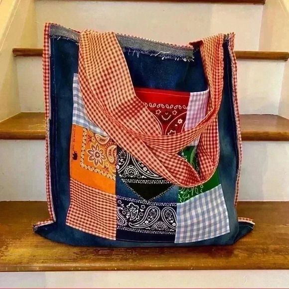 Handmade Boho Bandana Patchwork Denim tote bag - Picture 2 of 14
